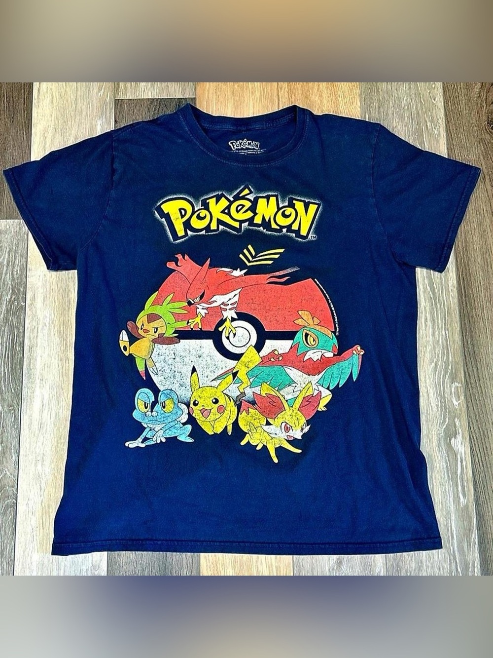 Nintendo Navy Graphic Tee with Yellow Pokémon Logo & Multicolor Characters